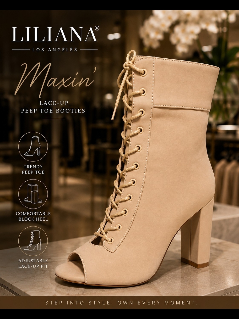 Liliana “Maxin” Lace-Up Peep-Toe Booties – Nude – Size 6.5 – New in Box